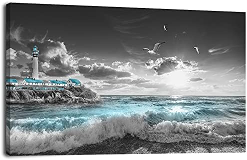 Ocean Decor Beach Wall Art Pictures for Bedroom Living Room Home Office Kitchen Beach Wall Decor Large Framed Canvas Wall Art Beach Decor Seagulls Light Clouds Blue Waves Artwork 20inch*40inch…