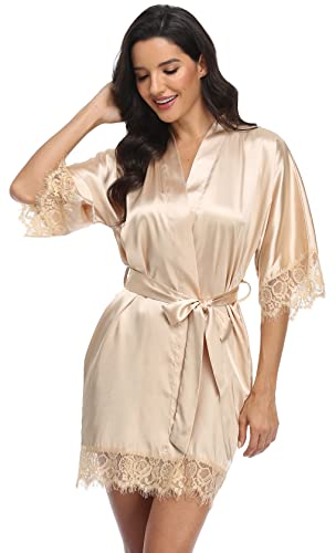 Giova Women's Lace Trim Kimono Robe Nightwear Nightgown Sleepwear Satin Short Robe Gold Medium #TOP2