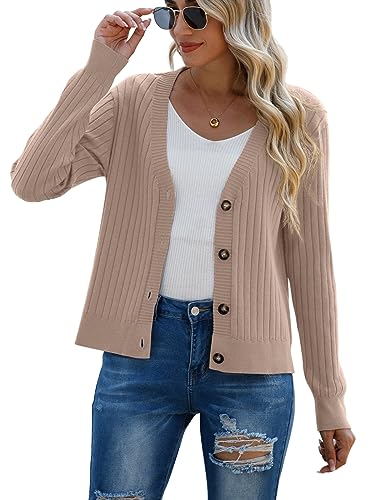 Image of FREEOAK Bolero Shrugs for Women Long Sleeve Cardigan Sweaters Open Front Button Down Cardigan for Women Winter Fall Casual Sweaters Khaki 2XL