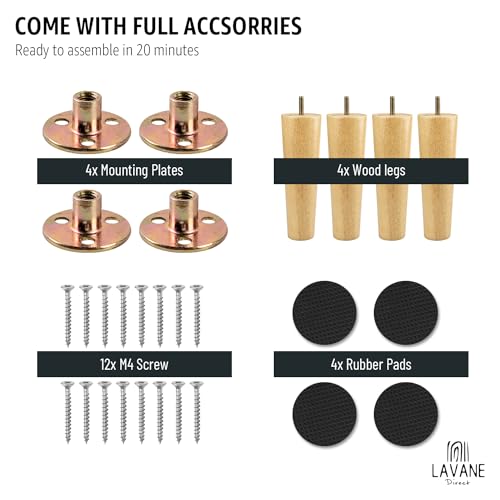 La Vane 4er Set Möbelfüße aus Massivholz - Konische Tischbeine Ersatz (Höhe: 15cm) mit M8 Gewindebolzen, Montageplatten - Für Sofa, Bett, Schrank, Couch, Ottomane & Tische - Leicht zu installieren