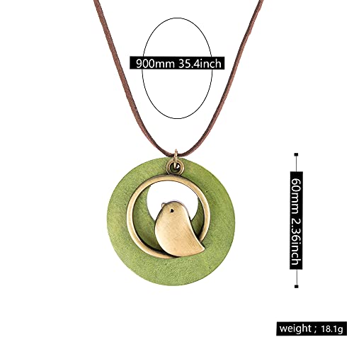 Boho Vintage Handmade Wood Pendant With Cute Charms Long Army Green Leather Necklace Sweater Chain for Women Long Necklace All-Match Style Gift Fashion4
