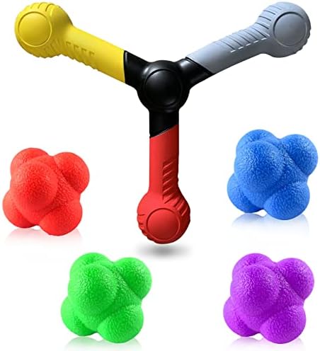 Reaction Speed Training Tools 5pc Kit-Include 1 Hand Eye Coordination Stick, 4 Rubber Reaction Balls, Improve Reflex, Agility, and Focus for Sports, Exercise, and Fun for All Ages