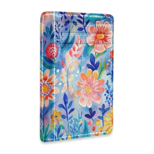 Boho Style Colorful Bloom leather women's slim wallet With Cash Slot RFID Blocking wallet for cards for Men and Women