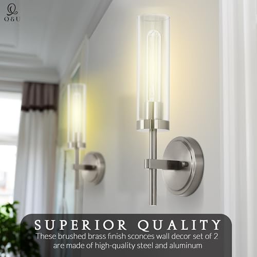 Image of Q&U Brushed Nickel Hardwired Wall Sconces Set of 2 - Modern Bathroom Vanity Light Fixtures, Farmhouse Wall Mount Lamps for Mirror, Living Room, Bedroom, and Hallway