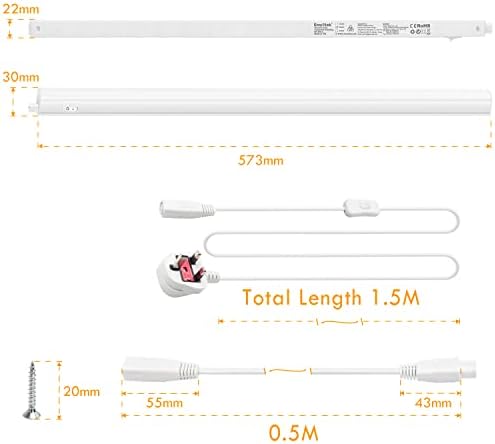 ENUOTEK Connectible Hardwired 2X 9W LED Kitchen Under Cabinet Lights, Under Cupboard Light Fixtures, 4000K Neutral White Lighting, Lamp Length 573MM with British Power Plug, Pack of 2 Lamps
