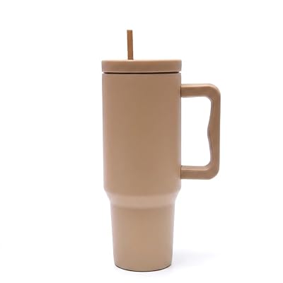 Creative Gifts International 40 Oz Stainless Steel Modern Tumbler | Tan | Reusable Drinkware with Handle, Straw & Flat Lid | Home Office Bar | Gift Idea