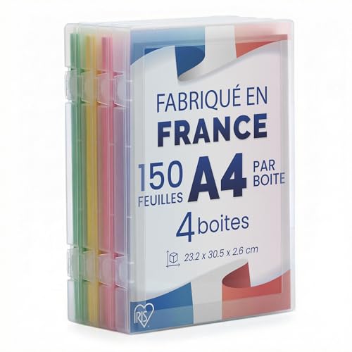 Iris Ohyama, Boite Rangement Bureau, Boite de Classement, Set de 4, Transparent, Capacité de 150 feuilles A4 chacune, Empilable avec Poignée et Fermeture...