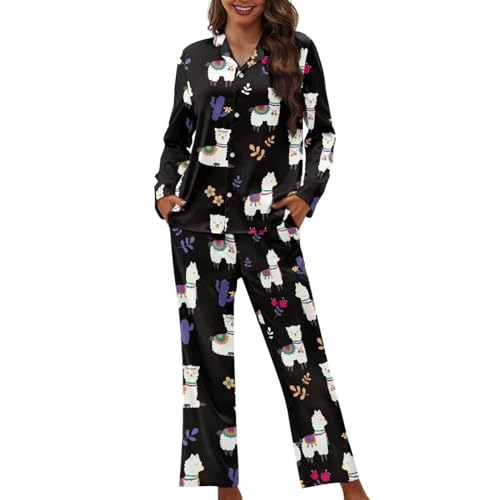 Sellikakes Black Pajama Sets for Women Cactus Alpaca Llama Print Button Up Shirt and Long Pant Pajama Set Two-Piece Nightwear V-Neck Top Lounge Sets for Party Trip