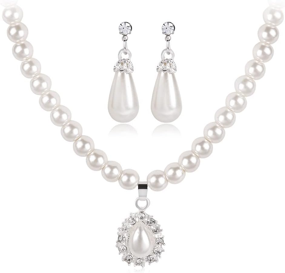 TOFBS Conjunto Collar Pendientes Perlas Lágrima Cristales Brillantes Flor Elegante Nupcial Mujer Joyería