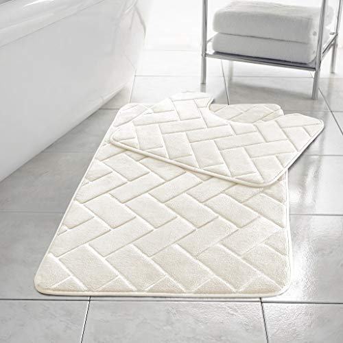 HOMES-LINEN Block Bricks Bath Mat Set Non Slip Pedestal Set Extra Absorbent 100% Memory Foam Bathroom Toilet Mat Rug Set (Cream)