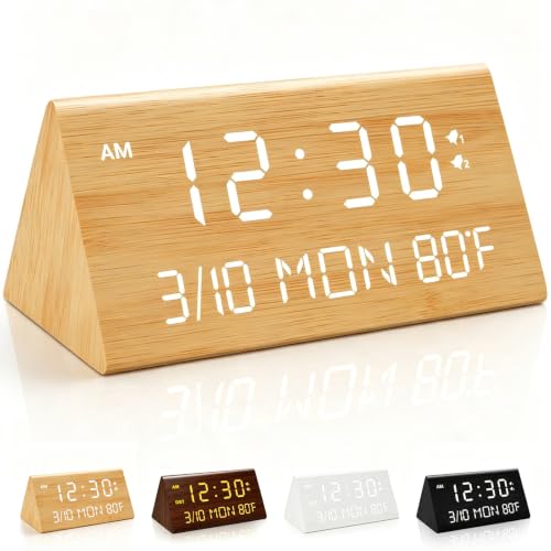 Kogonee Wooden Digital Alarm Clock, 0 100 % Dimmer, 2 Alarm Settings, Weekday/Everyday Mode, 9 Mins