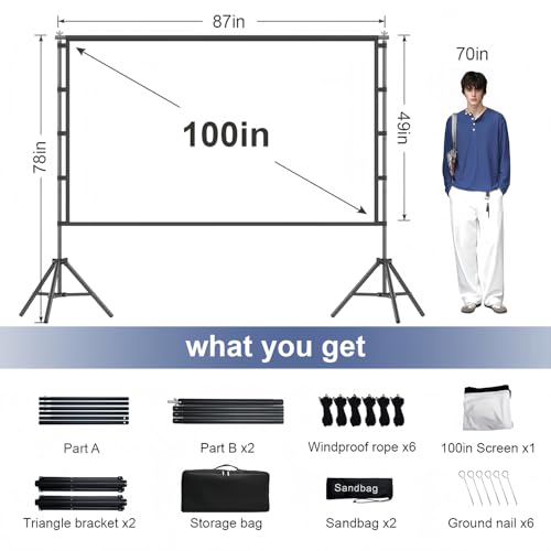 Image of 100inch Projector Screen and Stand,Outdoor and Indoor Projection Screen,16:9 4K HD Rear Front Movie Screen Portable with Carry Bag Wrinkle-Free Design for Home Theater 100inch