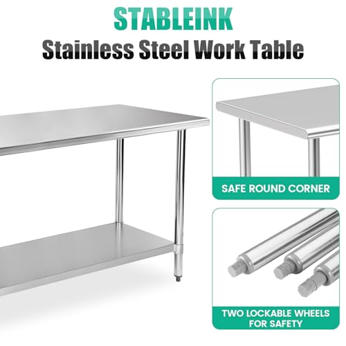 Image of STABLEINK NSF Stainless Steel Prep Table 60x30 Inches 5ft, Metal Work Table with Adjustable Undershelf, for Commercial Kitchen, Restaurant, Hotel, Laundry and Garage