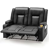 YODOLLA Recliner Chair, Loveseat with Cup Holders & Side Pockets, Modern Manual RV Couch Sofa Wall Hugger Faux Leather Double Reclining Home Theater Seating, Black