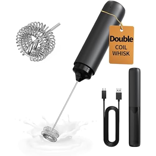 CIRCLE JOY Rechargeable Milk Frother Handheld, Dual Coil Whisk Head Electric Coffee Frother, Portable Hand Frother Wand Drink Mixer for Matcha Lattes Cappuccino, Kitchen Gifts, Black