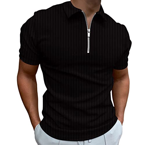 Men's Zipper Polo Shirt Classic Stretch Knit Short Sleeve Polo T Shirt Basic Designed Shirts Casual&Work #TOP20