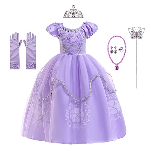 CinheyU Robe de princesse Sofia pour fille - Costume de Raiponce - Costume d'Halloween, de concours de beauté, de Noël, de soirée - Avec accessoires - Violet - 003 3-4T