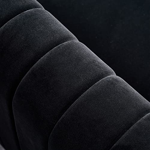 Image of KEIKI 84 inch Velvet Deep Channel Tufted Sofa with Back Cushions and Rolled Arms, Modern Style 3-Seater Couch with Golden Polished Steel Legs, Easy Assembly, for Living Room, Bedroom, Office, Black