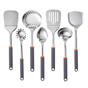 7-Piece Kitchen Utensil Set for Non-Stick Cookware – Stainless Steel with Silicone, Heat Resistant, Easy Grip, Gray & Orange