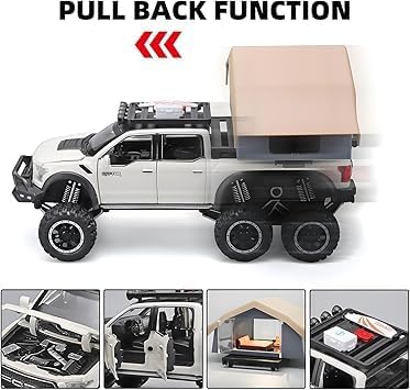 Image of Ford Raptor F150 Camping RV Model Car with Box, Zinc Alloy Pull Back Toy car with Sound and Light for Kids Boy Girl Gift [Colors as Per Stock] (Ford Raptor F150 Camping RV)