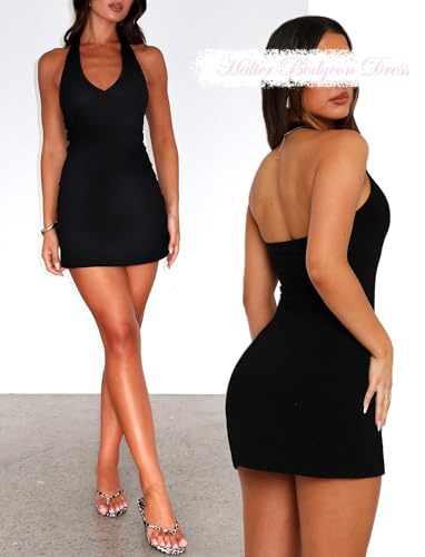 Image of OZICERD Bodycon Halter Mini Dresses for Women Going Out Club Dress Backless V Neck Summer Short Dress Cocktail Party Dresses