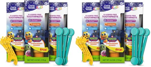 Image of GuruNanda Kids Toothpaste with 2% Hydroxyapatite & 25% Xylitol, Fluoride-Free, Strawberry Mango Flavor, Safe if Swallowed, Gentle & Safe for Young Teeth & Gums, 4.2 oz - Pack of 6