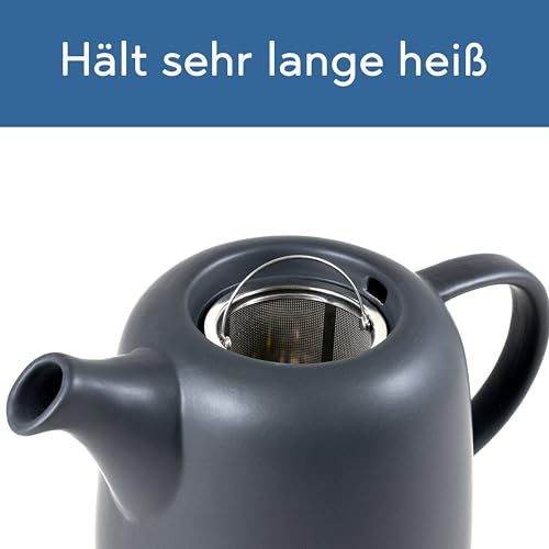 Hanseküche Teekanne mit Stövchen – Hochwertiger Teezubereiter mit Siebeinsatz herausnehmbar aus 304 Edelstahl – Design Teegefäß für Tee und Teebeutel Isolierkanne Teekocher, schwarz,Sieb Tea Pot