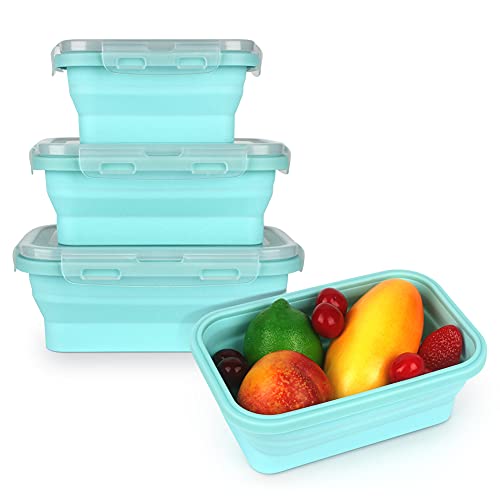 Image of Keweis Silicone Lunch Box Bento Box, Collapsible Folding Food Storage Container with Lids, Kitchen Microwave Freezer and Dishwasher Safe, Set of 3, (Blue)
