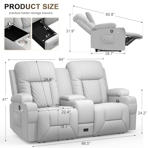 YONISEE Large Loveseat Recliner, Loveseat Recliner Sofa with Storage Console, Recliner Chair with USB Ports, 2 Cell Phone Holders, Cup Holder, Loveseat Couch for Living Room (Light Gray)