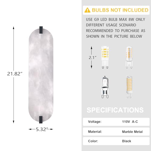 Image of 21.7 inch Natural Oval Alabaster Marble Modern Concise 2 Pack 4 Light Wall Sconce Fixture,Black Finish for Bathroom Bedroom Hallway Bedside Staircase Vanity Mirror