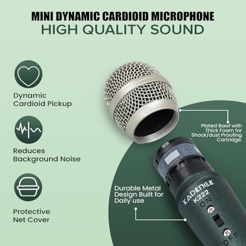 Image of Kadence K222 Home Series Wired Mini Mic | 10ft Cable with XLR to 6.35mm Jack | Dynamic Cardioid Pickup | On /Off Switch | Studio & Karaoke Mic for Vocal Clarity | Dark Green