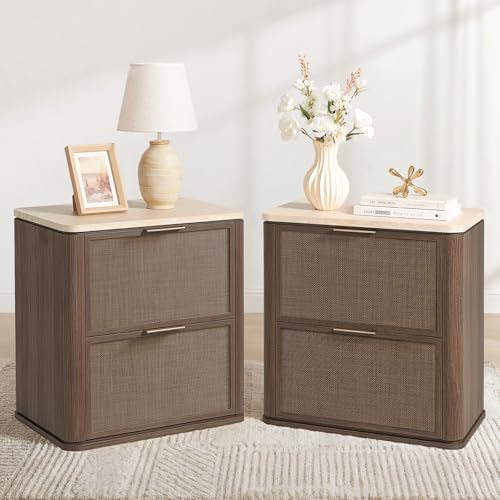 Image of Night Stand Set of 2, 23.11 inch W Rattan Nightstand with 2 Drawers, Faux Marble Top Bedside Table, Boho Mid Century End Table for Bedroom Living Room Sofa Office, Dark Oak [FSC Certified]