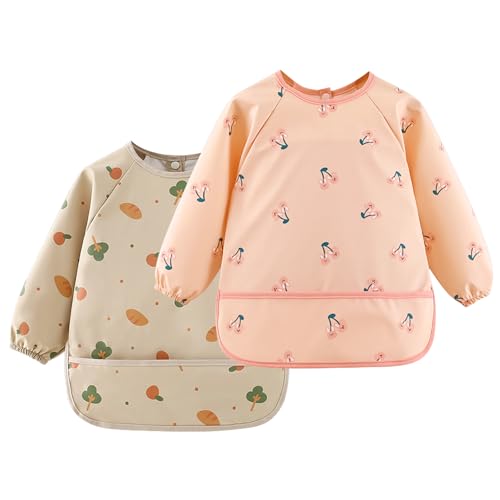 Wisebom Lätzchen zum Abstillen mit Langen Ärmeln, 2Pcs Wasserdichtes und Leicht zu Reinigen Lätzchen mit Tasche & BLW Baby Lätzchen Ärmellätzchen für Babys Kleinkinder 6-36 Monate