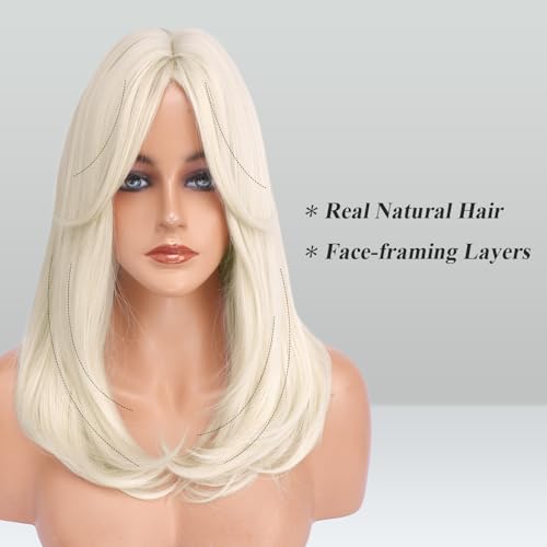 Image of FESHFEN Wigs with Bangs for Women, Synthetic Natural Looking Long Layered Straight Hair Wig for Women Daily Party Costume, 18 inch Platina White