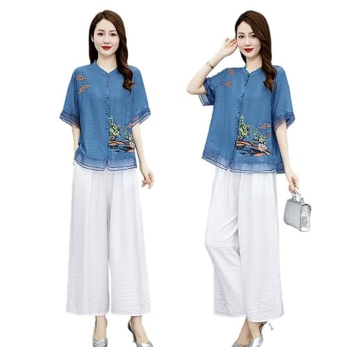 Conjunto de dos piezas para mujer, ropa estilo chino con bordado y pantalón palazzo ancho