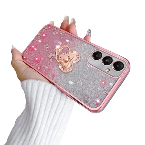 Motadalo for Samsung Galaxy A05s Case,Case for Galaxy A05s TPU Luxury Crystal Butterfly Heart Floral for Women Shockproof with Kickstand [Glitter Card & Strap] (Glitter Rose)