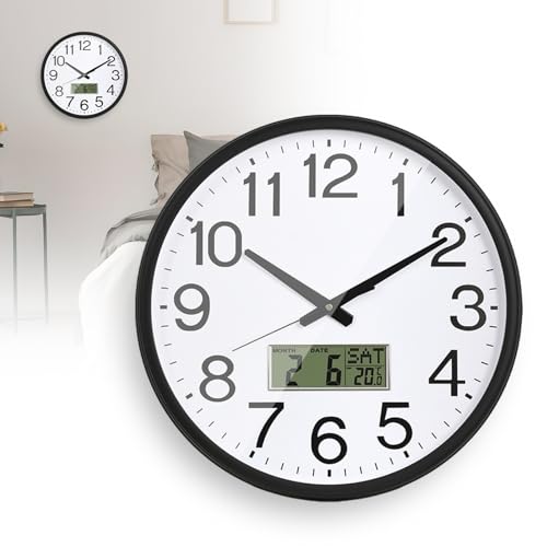 SUNOYA Horloge murale silencieuse avec affichage de la température, horloge murale numérique radio-pilotée, 32 cm, écran LCD éclairé numérique, avec température et jour de la semaine, pour salon