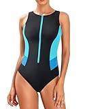 Tempt Me Women Black Aqua Blue Athletic One Piece Swimsuit Zipper High Neck Bathing Suit Racerback Swimwear L