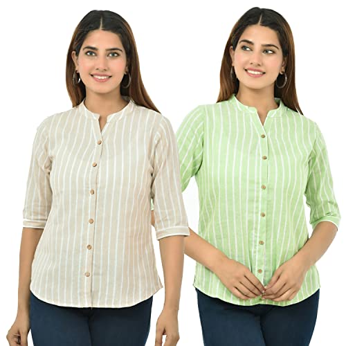 Image of Women /Girls Cotton Stripe Regular Fit Shirts Pack of 2