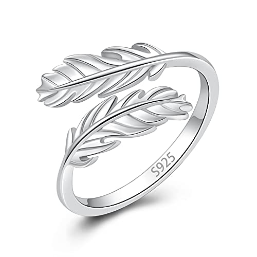 Hioed 925 Sterling Silver Feather Inspirational Jewelry Ring Adjustable Dainty Wrap Open Rings for Women Teens Girls