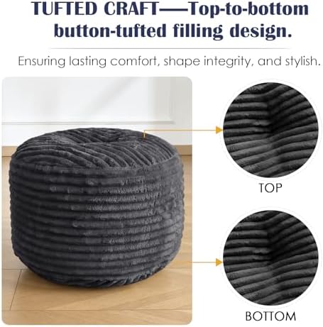 SHOUREN Stuffed Round Ottoman,Pouf Ottoman Foot Rest,18 X 14 in,Dark Grey - 4