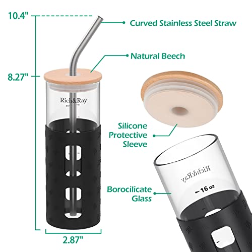 Rich&Ray Glass Tumbler With Straw And Lid 20Oz-2Pack, Iced Coffee Cup Reusable, Wide Mouth Water Bottle With Measurement, Silicone Protective Sleeve Wooden Lid, Bpa Free (Black) #TOP1
