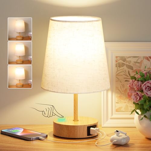PreeOtti Lampada da Comodino Touch con Porte di Ricarica USB-C+A, Dimmerabile a 3 Vie, Paralume in Lino, Piccola Lampada da Tavolo per Camera da Letto Soggiorno Ufficio (Lampadina Inclusa)