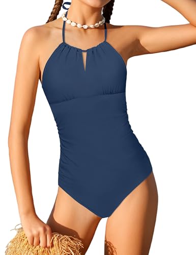 Image of Girls Swimsuit Size 8 One Piece Bathing Suits for Girls Bathing Suits Size 8-10 Halterneck Navy Blue Solid Belly Ruched Modest Padded Swimwear Girl Size 10 Swimsuit