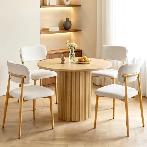 Image of weselon Mid-Century Modern Dining Chairs Set of 4, Upholstered Velvet Dining Room Chairs with Ergonomic Curved Backrest, Wood Grain Metal Frame with Adjustable Feet (Natural Frame+Gray White Seat, 4)