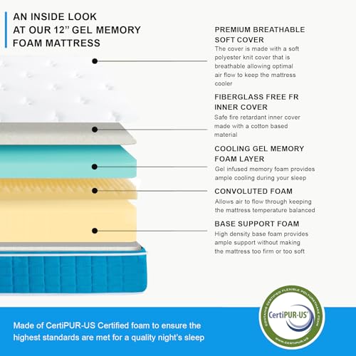 Image of Irvine Home Collection Twin XL Adjustable Bed with 12 Inch Gel Memory Foam Mattress Combo, Massage, Underbed Light, Wireless Remote