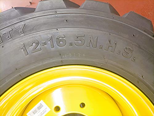 Horseshoe 12-16.5 16Ply R-4 Extra Thick Rim-Guard Wall Super Heavy Duty Lrh Tire Mounted On 16.5X9.75 Lug 8X8" Yellow Steel Rim W/Brass Valve Stem & Protection Shield 12X16.5 9.75X16.5 (4) #TOP2