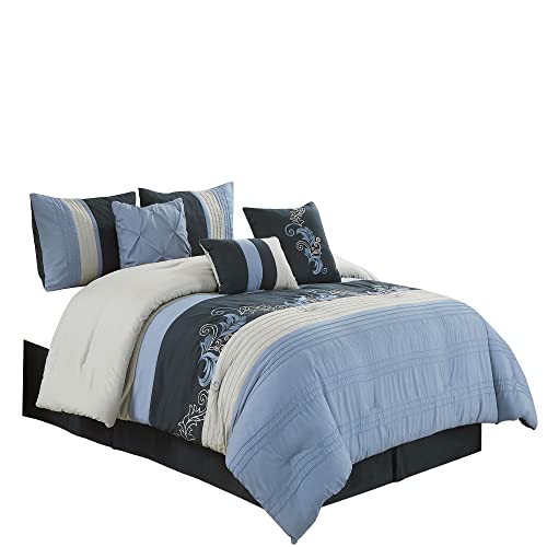 Chezmoi Collection Napa 7-Piece Luxury Autumn Leaves Scroll Embroidery Bedding Comforter Set (California King, Navy/Blue/Gray)
