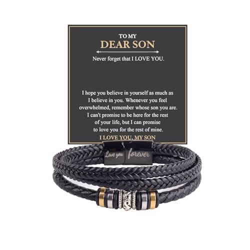 Image of To My Son /Grandson Bracelet From Mom Grandmother, Forever Linked Together Black Braided Leather Infinity Knot Inspirational Bracelets Engraved Love You Forever Birthday Gift Jewelry