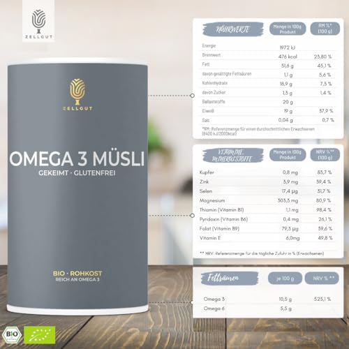 gekeimtes OMEGA-3 Müsli • 100% Rohkost • Basisch • reicht an Omega-3 • glutenfrei • vegan • Bio